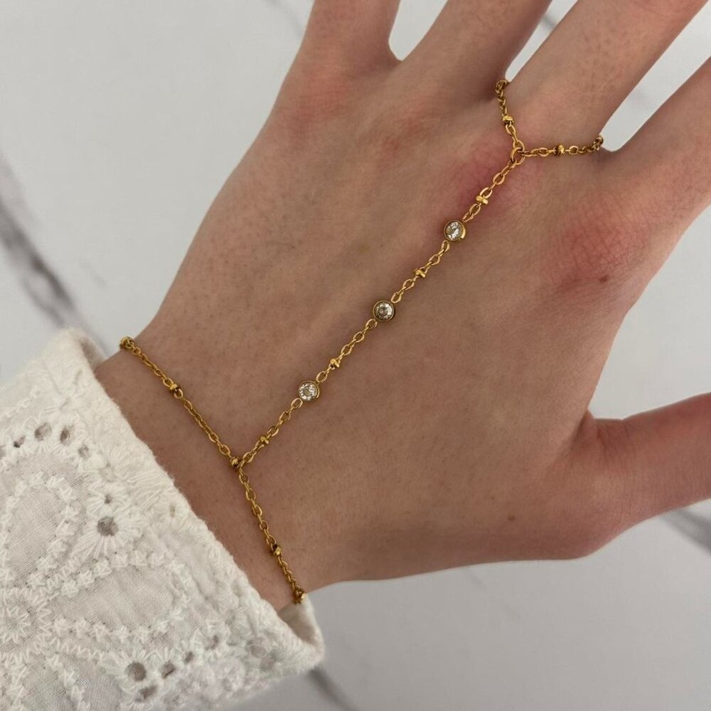 SKU:0042 gold tone‎ chain ring bracelet with zircon stone stainless steel